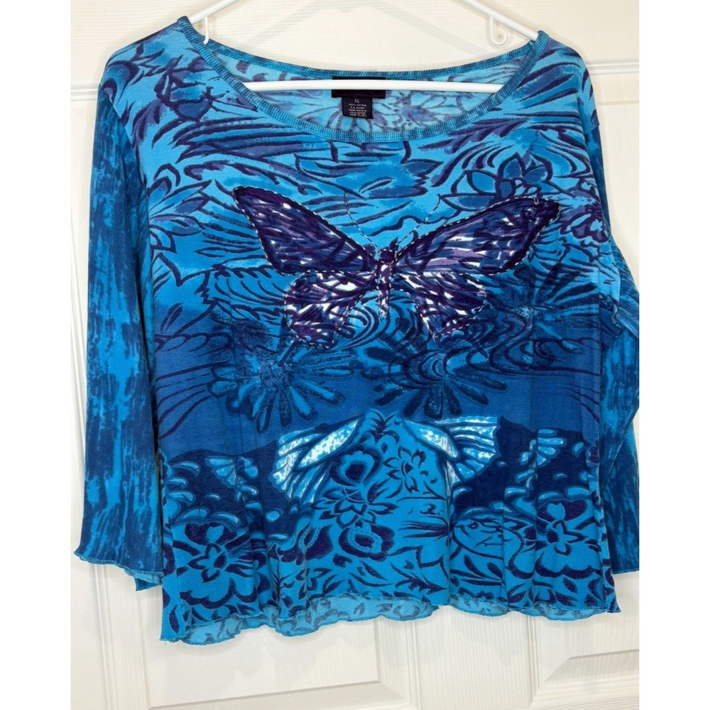 Blue Plate, Women 100% Cotton Scoop Butterfly  Blue Sz XL Shirt Tunic beads